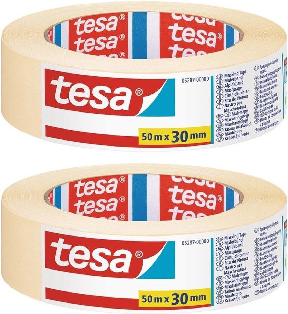 Set van 2x Afplaktape/schilderstape 30 mm x 50 m - Verf afplakband/tape - Maskeertape - Tesa Masking