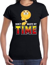 Funny emoticon t-shirt dont waste my time zwart voor dames XS