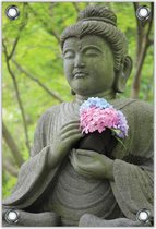 Tuinposter –Buddha met Bloemen– 100x150cm Foto op Tuinposter (wanddecoratie voor buiten en binnen)
