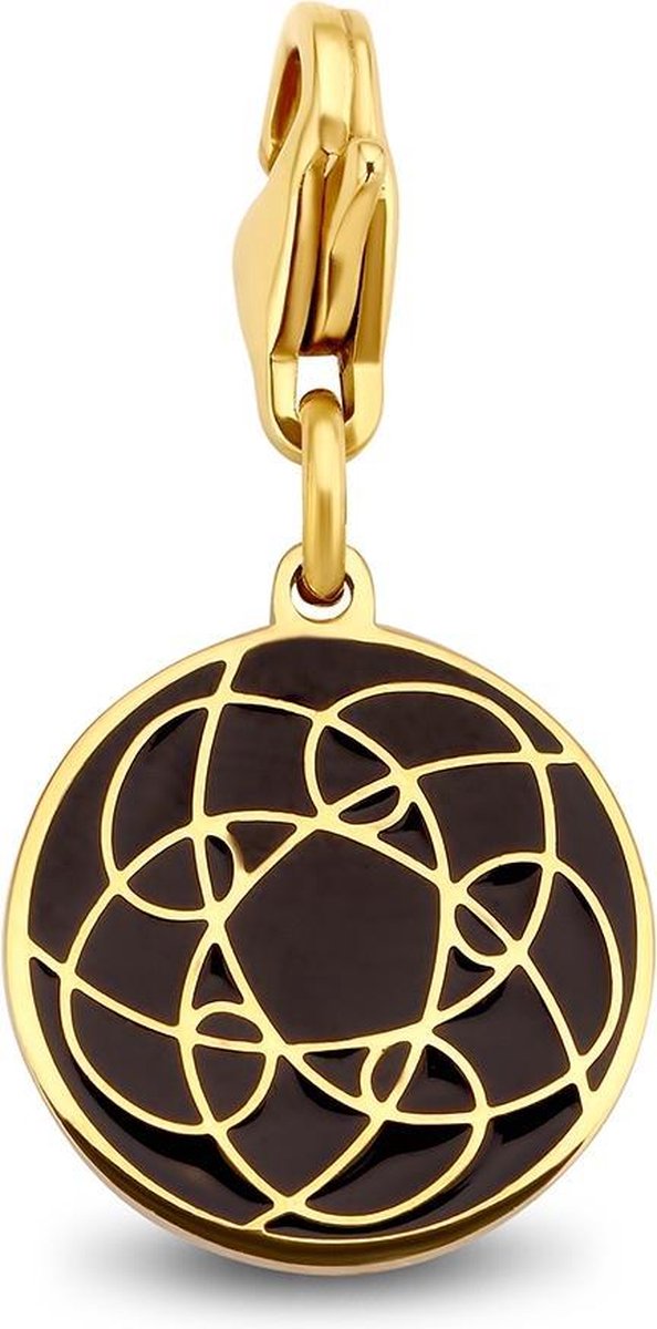 CO88 Collection Charms 8CH 00014 Stalen hanger - 15 mm - Bedel - Rond - Emaille - Zwart - Goudkleurig