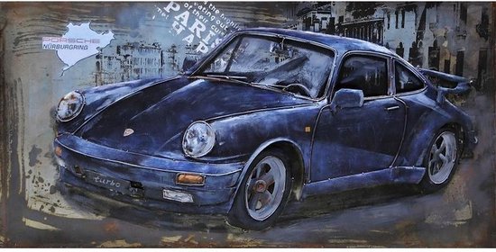 3D art Metaalschilderij - Sportwagen blauw Porsche 911 - 120 x 60 cm