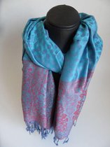 Sjaal stippen figuren lengte 180 cm breedte 70 cm kleuren blauw paars rood franjes.