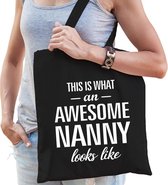 Awesome nanny / geweldige oppas cadeau katoenen tas zwart voor dames - kado tas /  beroepen / tasje / shopper