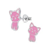 Joy|S - Zilveren kat poes oorbellen 8 x 12 mm roze