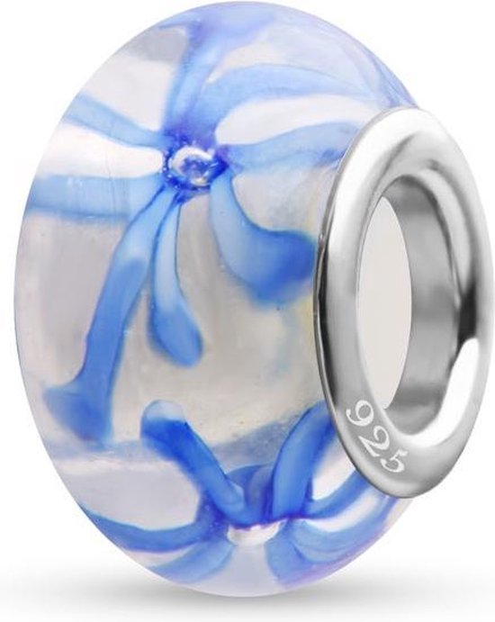 Quiges - 925 - Sterling - zilver - Glazen - Kraal - Bedels - Beads - Blauw met Bloemen - Past op je Pandora armband GZ162