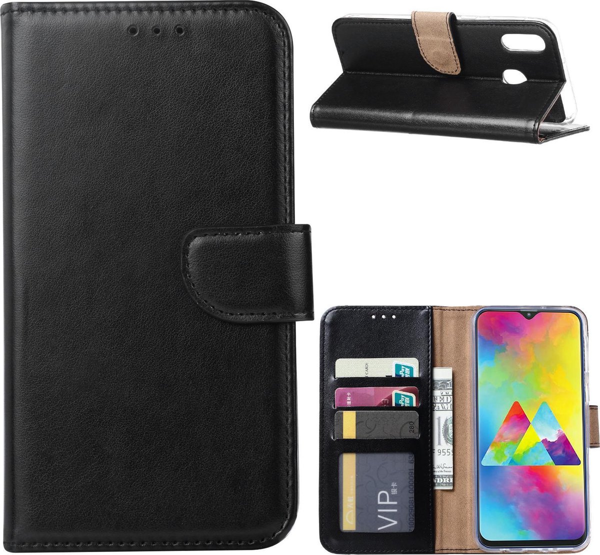 Bookcase Geschikt voor: Samsung Galaxy M20 - Zwart - portemonnee hoesje