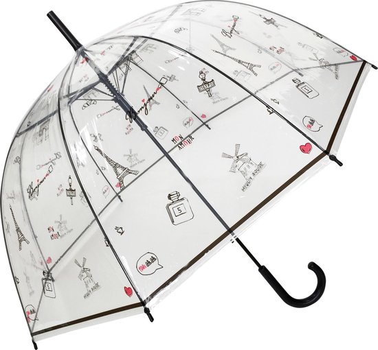 Smati Bonjour Paris  Stormparaplu - Transparent - Auto Open - ø 85 cm - Bonjour Paris   Zwart/Rood