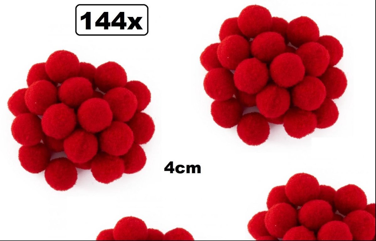 144x Pom Pom 4 cm rood - decoratie materiaal thema feest kleding accessoires