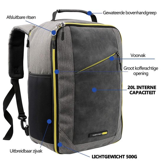 CabinMax Manhatten – Handbagage 20L – Rugzak – Schooltas - 40x20x25 cm –  Compact... | bol.com