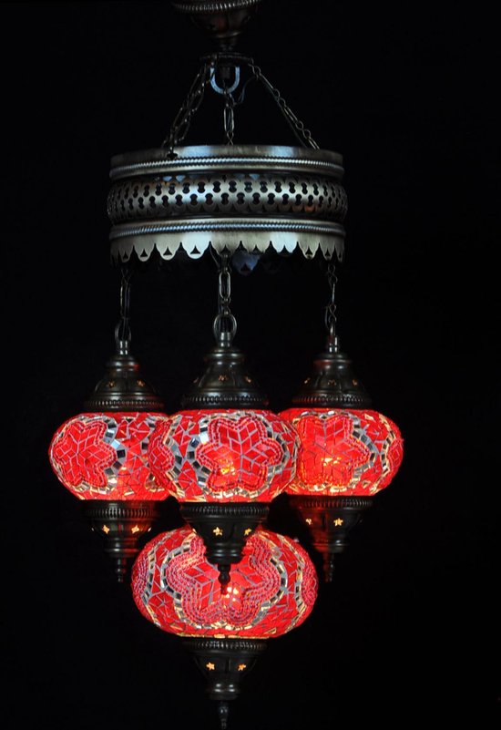 Turkse lamp - Oosterse lamp - Hanglamp - Rood - 4 bollen - mozaïek
