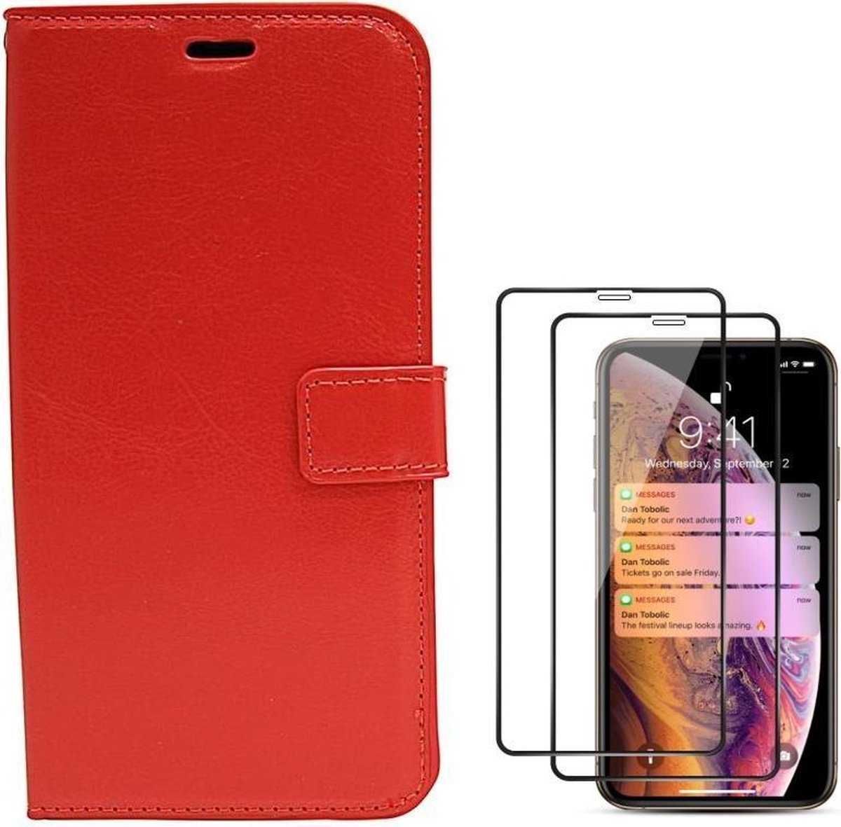 Bookcase Geschikt voor: iPhone XR - rood - Portemonnee hoesje + 2X Full cover Tempered Glass Screenprotector