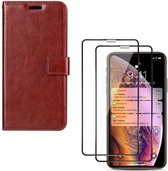 iPhone XR - Bookcase Bruin - portemonee hoesje + 2X Full cover Tempered Glass Screenprotector