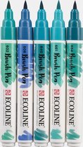 Ecoline “Blauw/Groen” Brushpennen set van 5 + 1 Blok Ecoline Papier 20 Vel,  300g/m²  + GRATIS Zipperbag