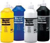 Lot de 4x bouteilles de peinture pour enfants à base d'eau artisanale bleu-jaune-blanc-noir - 500 ml par bouteille - Peinture / peinture