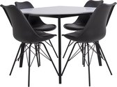 Voma eethoek , 1 eetkamertafel en 4 eetkamerstoelen, zwart en wit.