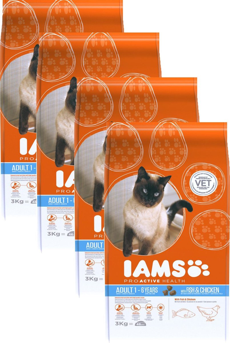 Iams Cat Adult - Fish & Chicken - Kattenvoer - 4 x 3 kg - Voordeelverpakking