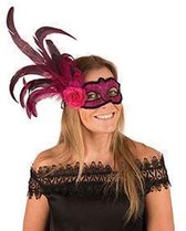 Venetiaans Masker fushia met bloem en pluim