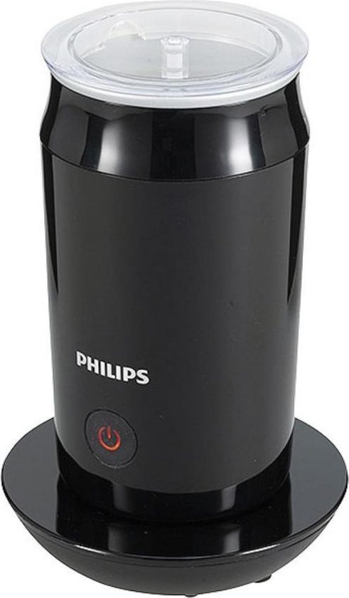 Zwarte Philips melkopschuimer met transparante deksel, op zwarte schotel.