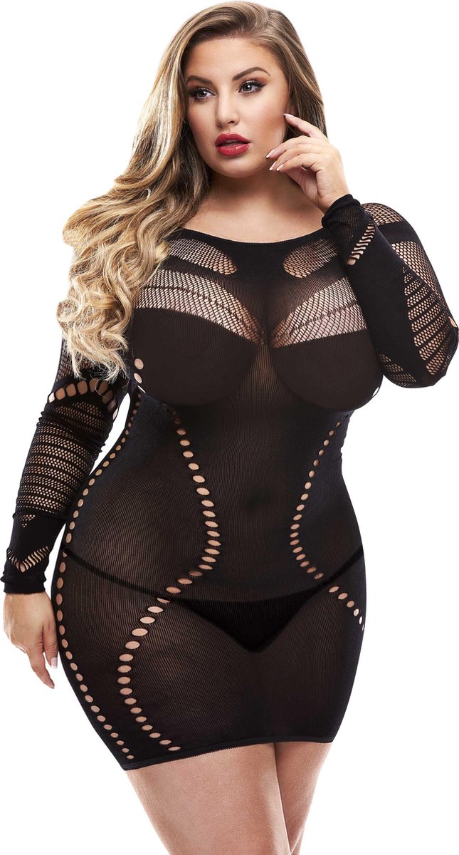 Lapdance - Long Sleeve Mini Jurk Zwart Plus