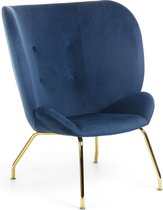 Kave Home - Violet fauteuil in fluweelblauw en gouden stalen poten