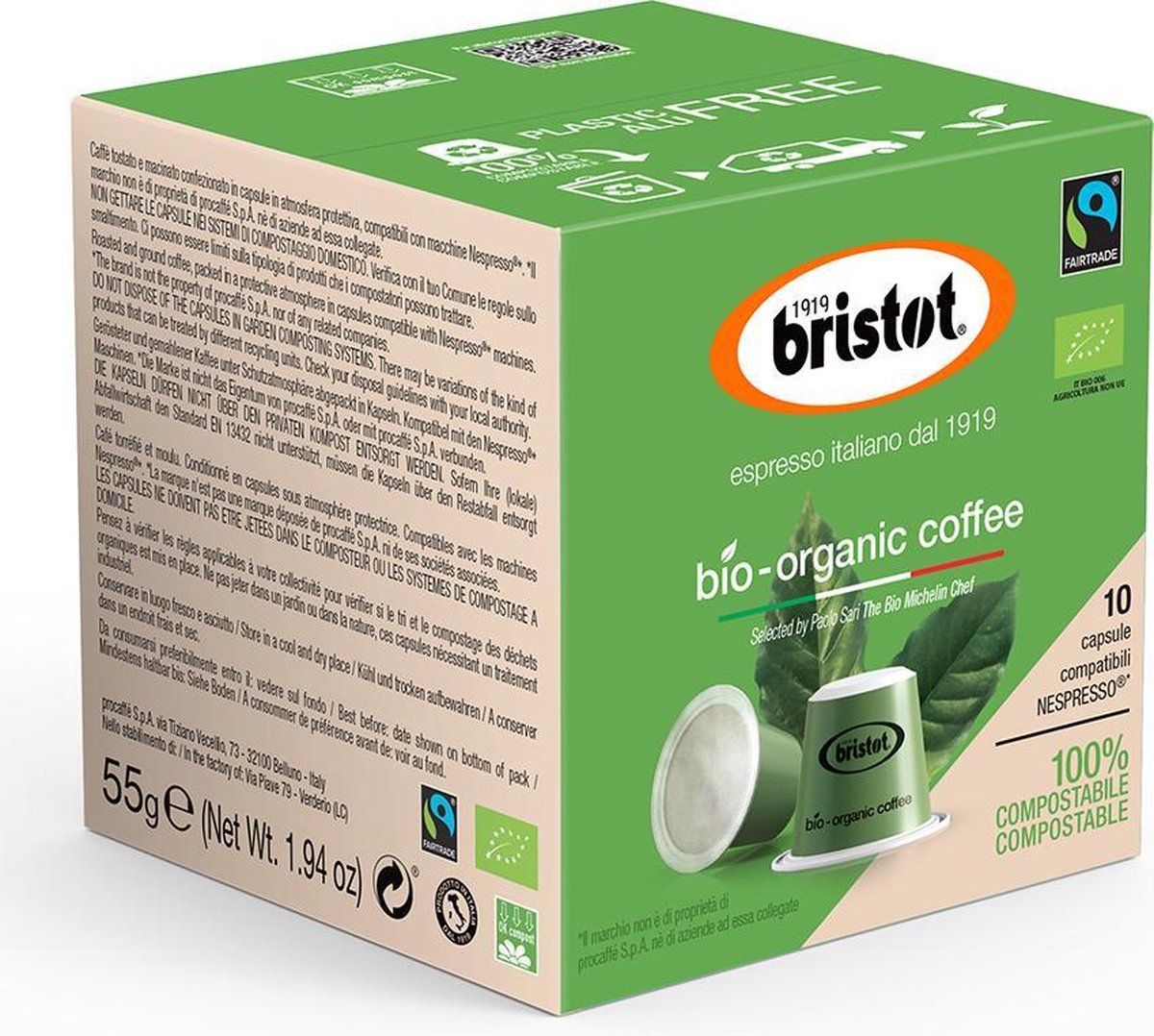 Bristot BIO 100% biologische koffie capsules (Nespesso© Compatible) - 8 x 10 stuks - Bristot