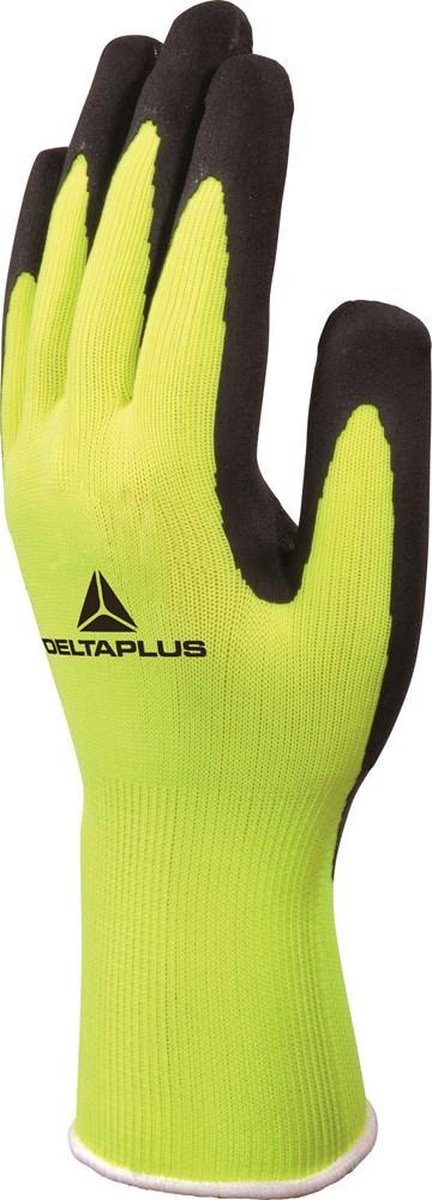 Delta Plus VV733 Werkhandschoen Fluogeel/Zwart — maat 9, latex schuim palm, Jauge 13 - Delta Plus VV733 handschoenen, werkhandschoen maat 9, latex schuim handschoen, fluogeel werkhandschoen, Jauge 13 handschoen, griphandschoen polyester