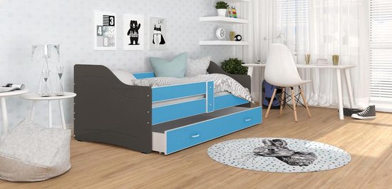 Bol Com Kinderbed Luxe Uitvoering 160x80 Cm Grijs Blauw Met Lade Met Matras