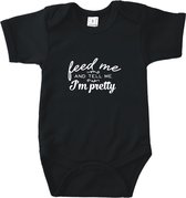 Rompertjes baby met tekst - Feed me and tell me i'm pretty - Romper zwart - Maat 74/80