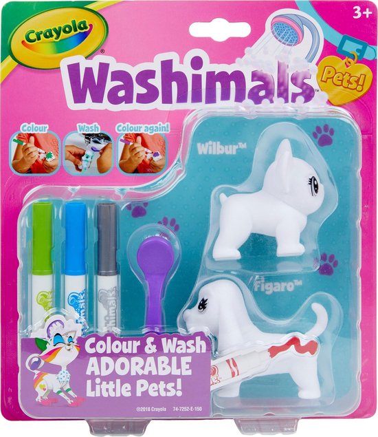 Washimals Pets! Wilbur en Figaro, twee witte hondjes om te kleuren met drie stiften en een borstel.