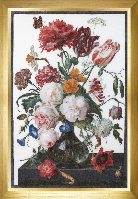 Thea Gouverneur - Borduurpakket met telpatroon - 785 - Voorgesorteerde DMC Garens - Stilleven met bloemen in een glazen vaas. Jan Davidsz. de Heem. 1650 - 1682 - Linnen 7 kruisjes/cm - 72 cm x 49 cm - DIY Kit