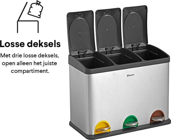 Homra Stephs Prullenbak Afvalscheiding 45 Liter - RVS Prullenbak 3 vakken - Trio Prullenbak 3 X 15 Liter - Pedaalemmer - Vuilnisbak voor huishouden en kantoor - Recycle Vuilbak keuken Afvalemmer - Afvalscheidingsprullenbakken - Afbeelding 3