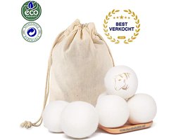 Droger Ballen 100% Wol XL - Wasbollen voor Snellere Droogtijd - Herbruikbare Wollen Droogballen - Wollen Wasballen + Katoen Opberg Tasje - 6 Stuks 7*cm