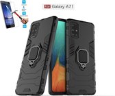Samsung Galaxy A71 Robuust Kickstand Shockproof Zwart Cover Case Hoesje - 1 x Tempered Glass Screenprotector ATBL
