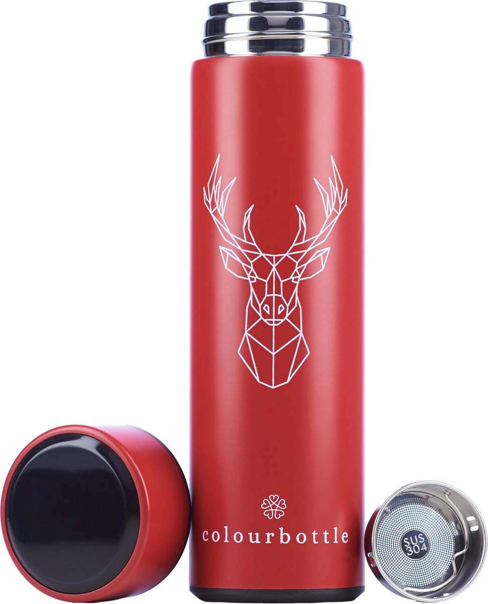 Rode Colourbottle® - Luxe Thermosfles met LED temperatuurdisplay - 500ml - Roestvrij Staal - Waterfles - Theebeker - Theefilter - Rode Drinkfles