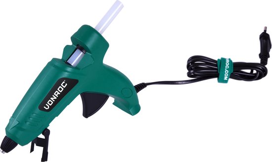Groen lijmpistool van VONROC met zwarte details en een snoer.
