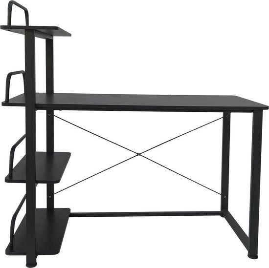 VDD Bureau computertafel - 3 opbergplanken - metaal hout - zwart - 120x50x75 cm