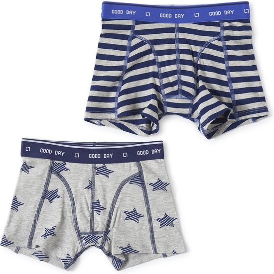 Little Label - boxershorts 2-pack - grey melee star and dark blue stripe - 4Y - maat: 98/104 - bio-katoen