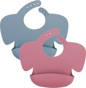 Baby Siliconen Slabbetje | 2 stuks | Donkerblauw - Donkerroze | met opvangbakje | afwasbaar