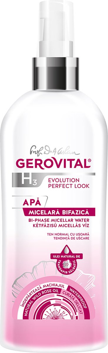 Gerovital Bi-fase micellair water Hyaluronzuur & Wilderozenzaadolie, Waterproof Makeup Remover - H3 Perfect Look - 150ml- airless - Dermatologisch getest