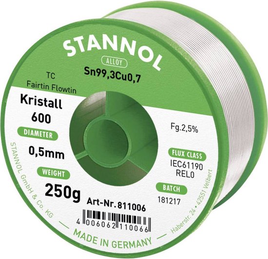 Stannol Kristall 600 Fairtin Soldeertin, loodvrij Loodvrij Sn99,3Cu0,7 REL0 250 g 0.5 mm