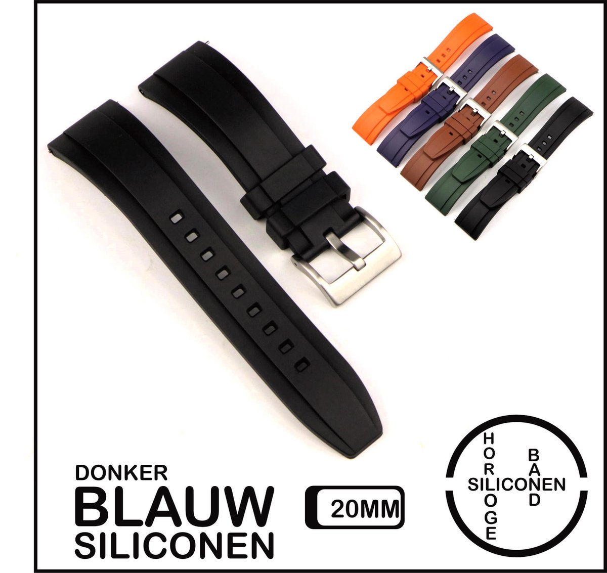 20mm Rubber horlogeband Zwart passend op o.a Casio Seiko Citizen en alle andere merken - 20 mm Bandje - Horlogebandje horlogeband, Siliconen