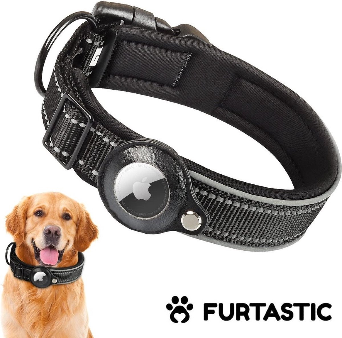 FURTASTIC® AirTag Halsband Hond - AirTag hond - AirTag halsband voor hond - Halsband met AirTag houder - 36-43cm (M) - Zwart - FURTASTIC