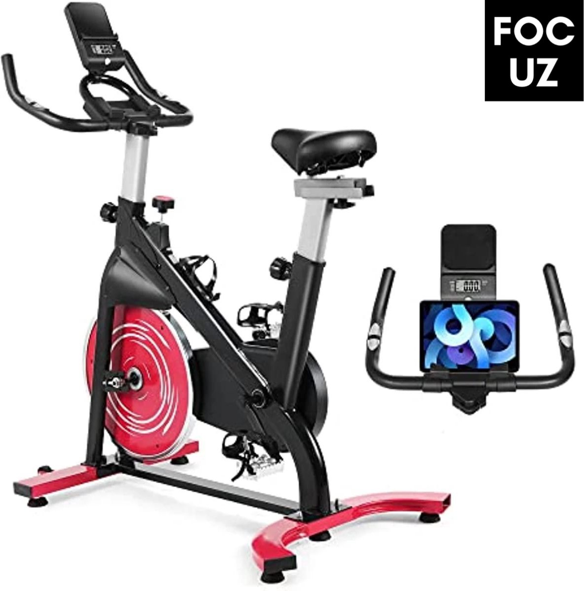 Focuz© Hometrainer fiets - Spinningfiets - Inclusief hartslagmeter en LCD scherm - Bidonhouder en Ipadhouder - Zwart