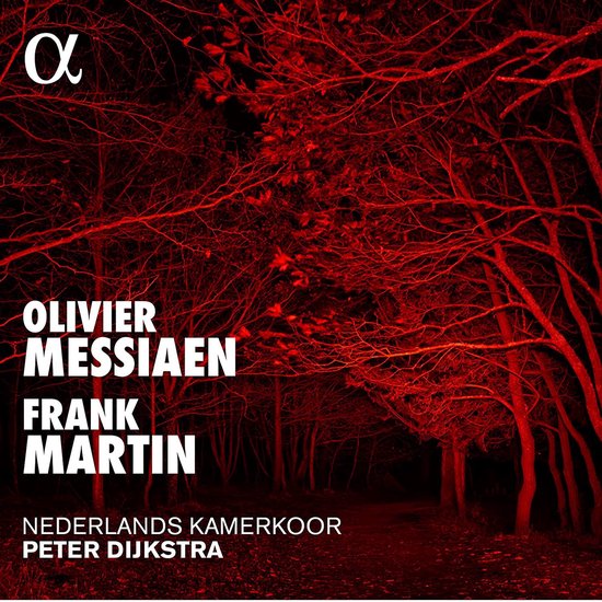 Boekcover met rode, kronkelende takken, titel: OLIVIER MESSIAEN FRANK MARTIN NEDERLANDS KAMERKOOR PETER DIJKSTRA.