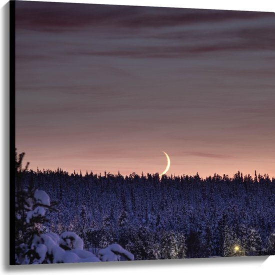 WallClassics - Canvas - Smalle Maan boven Huisje in het Bos met Sneeuw - 100x100 cm Foto op Canvas Schilderij (Wanddecoratie op Canvas)