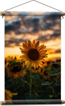 WallClassics - Affiche textile - Tournesol dans un champ avec coucher de soleil - 40x60 cm Photo sur textile