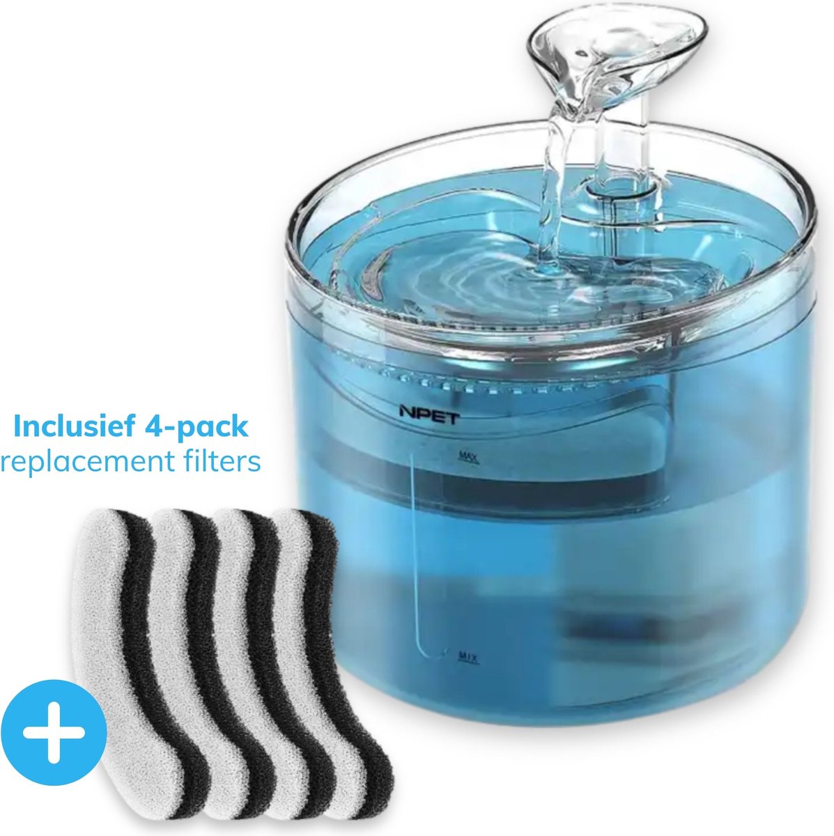 Rebela | Drinkfontein voor Katten | Inclusief 4x Filter | < 35db | ABS Cat Water Feeder | USB Charging 1.6L Pet Drinking Fountain with Filter Pump Blue + 4pcs/pack replacement filter
