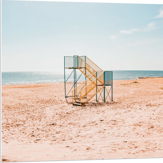 WallClassics - PVC Schuimplaat- Blauw met Gele Trap op het Strand - 80x80 cm Foto op PVC Schuimplaat