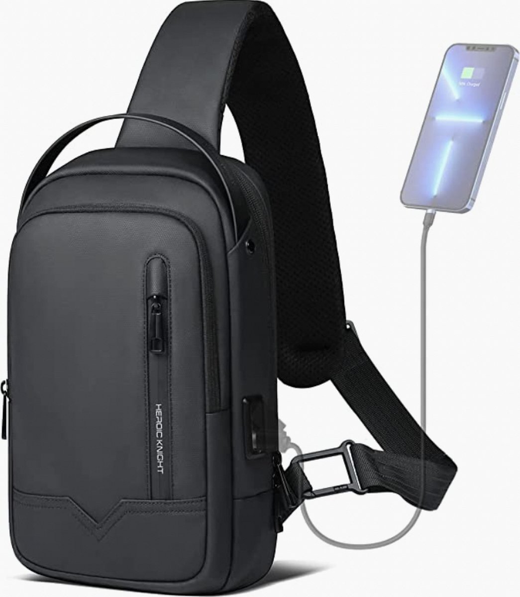 hk Schoudertas voor heren, waterdichte borstzak voor 11,3 inch iPad crossbody tas met USB-oplaadpoort, rugzak sling bag heren klein voor werk, reizen, fietsen, wandelen, zwart, zwart