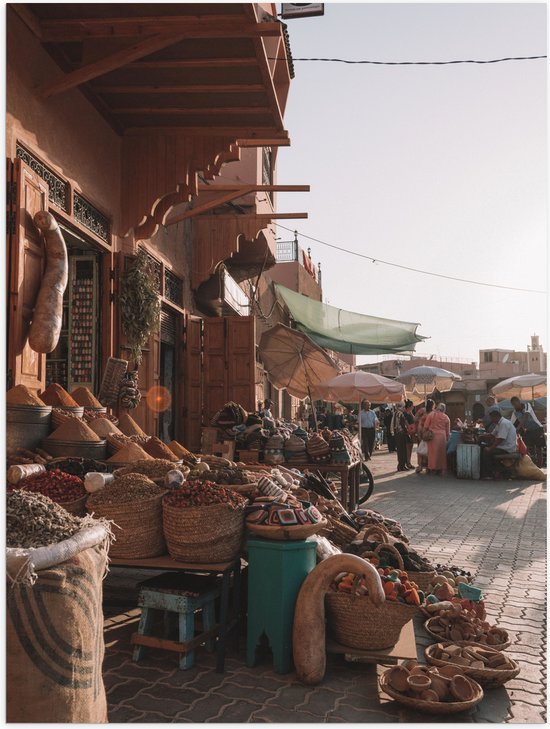 WallClassics - Poster Glanzend – Markt in Marrakesh - Marokko - 30x40 cm Foto op Posterpapier met Glanzende Afwerking